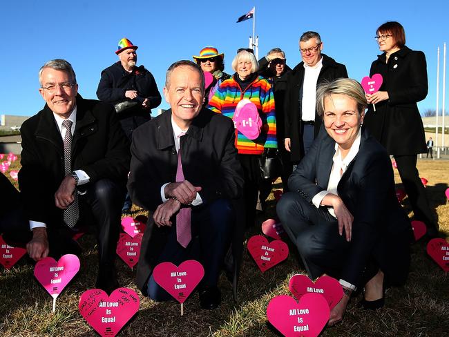 Labor MP Mark Dreyfus, Opposition Leader Bill Shorten and Deputy Opposition Leader Tanya Plibersek with Labor colleagues attend the first ‘Sea of Hearts’ event in front of Parliament House in support of marriage equality. Picture Kym Smith