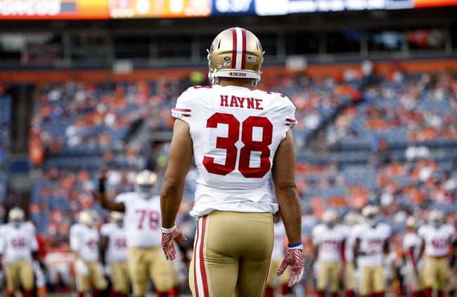 San Francisco 49ers running back Jarryd Hayne (38) warms up during an NFL preseason game against the Denver Broncos on Saturday, Aug. 29, 2015, in Denver, Co. The Broncos won the game, 19-12. (Greg Trott via AP). Picture: Greg Trott