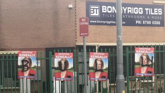 Election posters are regularly hung on the fence outside Bonnyrigg Tiles, but no one at the company knew Keneally’s had been defaced. Picture: Supplied