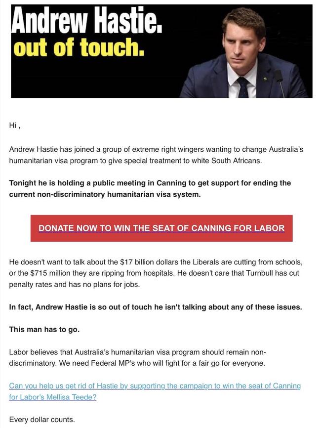 The fundraising email targeting Liberal MP Andrew Hastie. (Pic: Supplied)