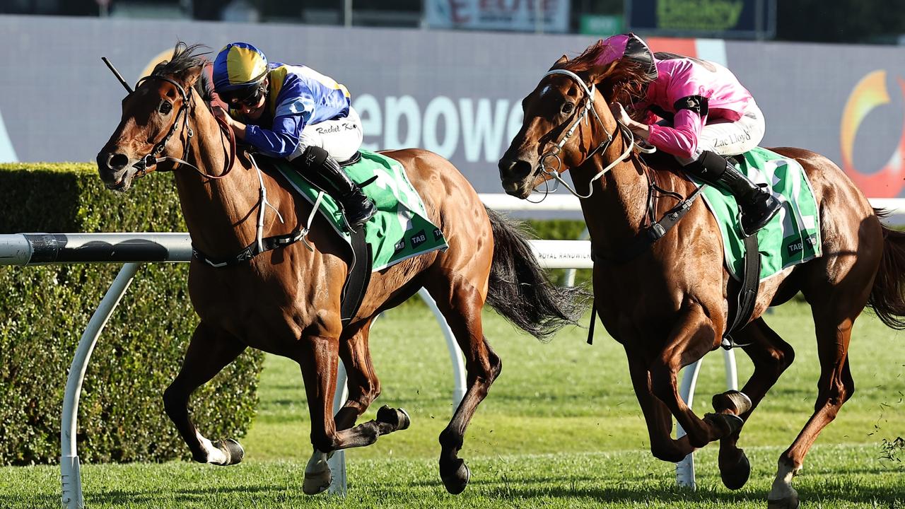 Iknowastar and Rachel King (left) hold out the fast-finishing Territory Express to win the Five Diamonds Prelude at Randwick. Picture: Getty Images