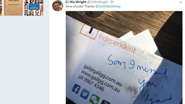 Willoughby Council Cr Nic Wright (Ind/ALP) has fun with Mayor Gail Giles-Gidney's (Ind/Lib) campaign team on Twitter.