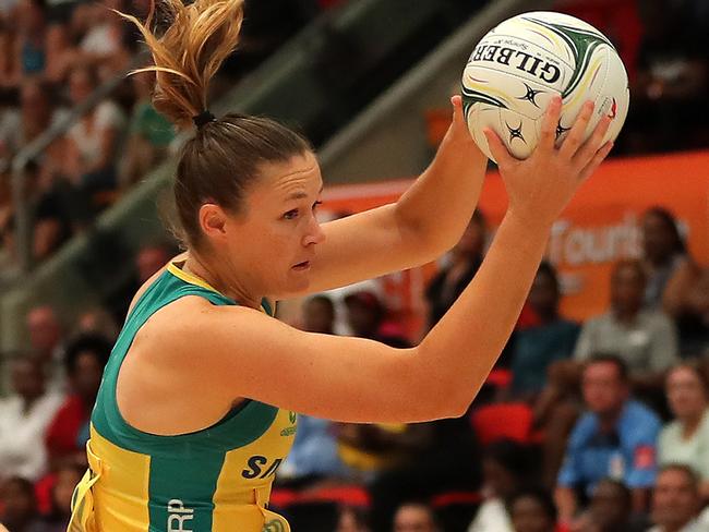 DURBAN, SOUTH AFRICA - JANUARY 31:Sharni Layton wins the ball during the Netball Quad Series match between South African Proteas and Australian Diamonds at Durban ICC on January 31, 2017 in Durban, South Africa. (Photo by Anesh Debiky/Gallo Images/Getty Images)