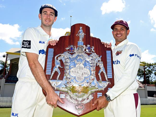 BRISBANE, AUSTRALIA - APRIL 14: Usman Khawaja of Queensland and Kurtis Patterson of New South Wales pose for a photo during the Sheffield Shield Final Media Opportunity at Allan Border Field on April 14, 2021 in Brisbane, Australia. (Photo by Bradley Kanaris/Getty Images)