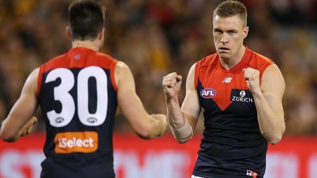 Melbourne's Tom McDonald celebrates his goal in the first quarter. Picture: Michael Klein