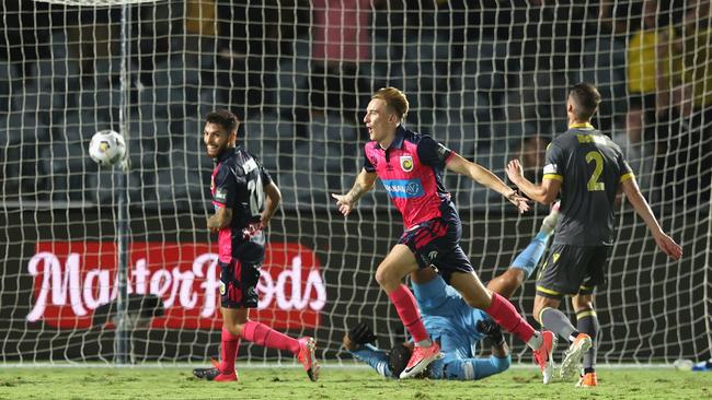 Central Coast’s Matthew Hatch scores with his first A-League touch against Macarthur FC at Central Coast Stadium. Picture: Getty Images