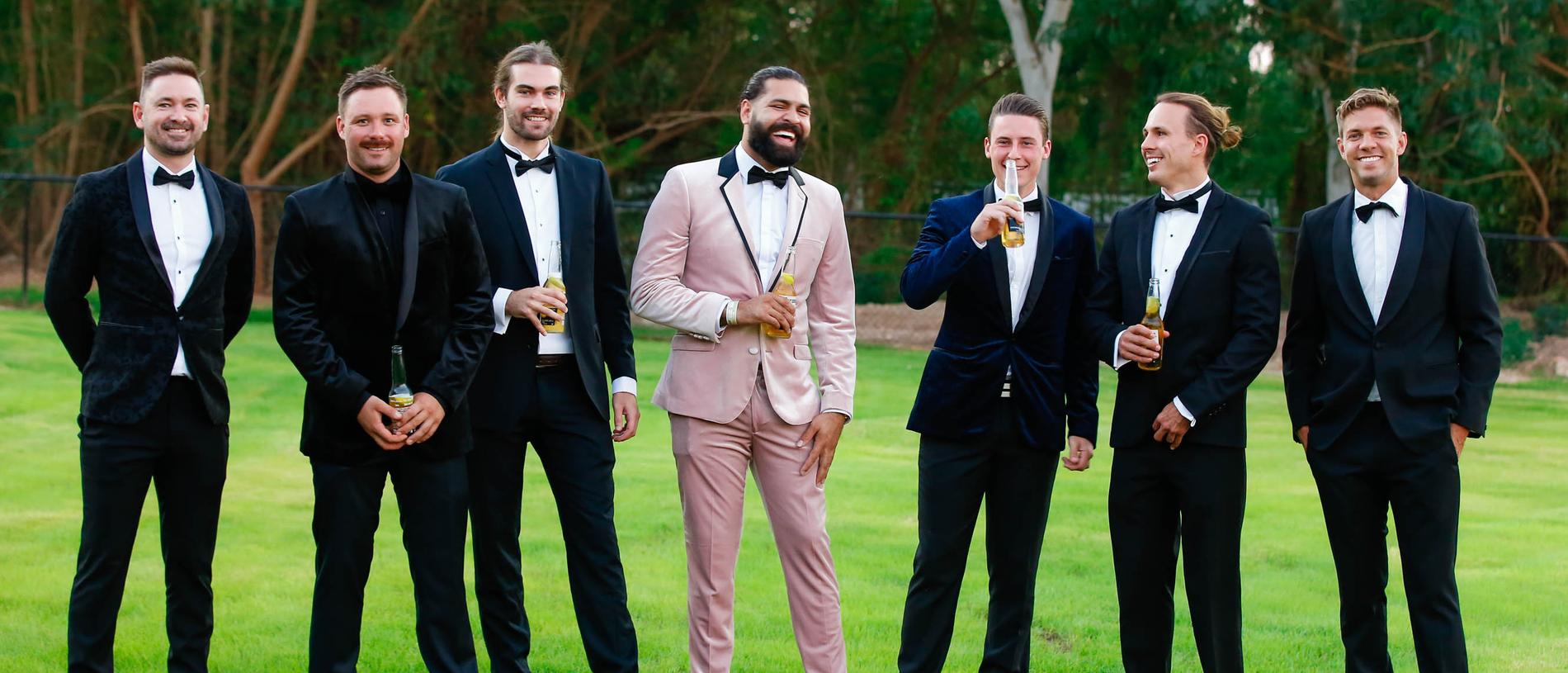 From L Jeffrey Soloman, Tom Veness, Lachie Bates, Michael Mason, Jacob Schaper, Julian Brown, matthew Flanegan at the Darwin Cup Gala Ball. Picture GLENN CAMPBELL