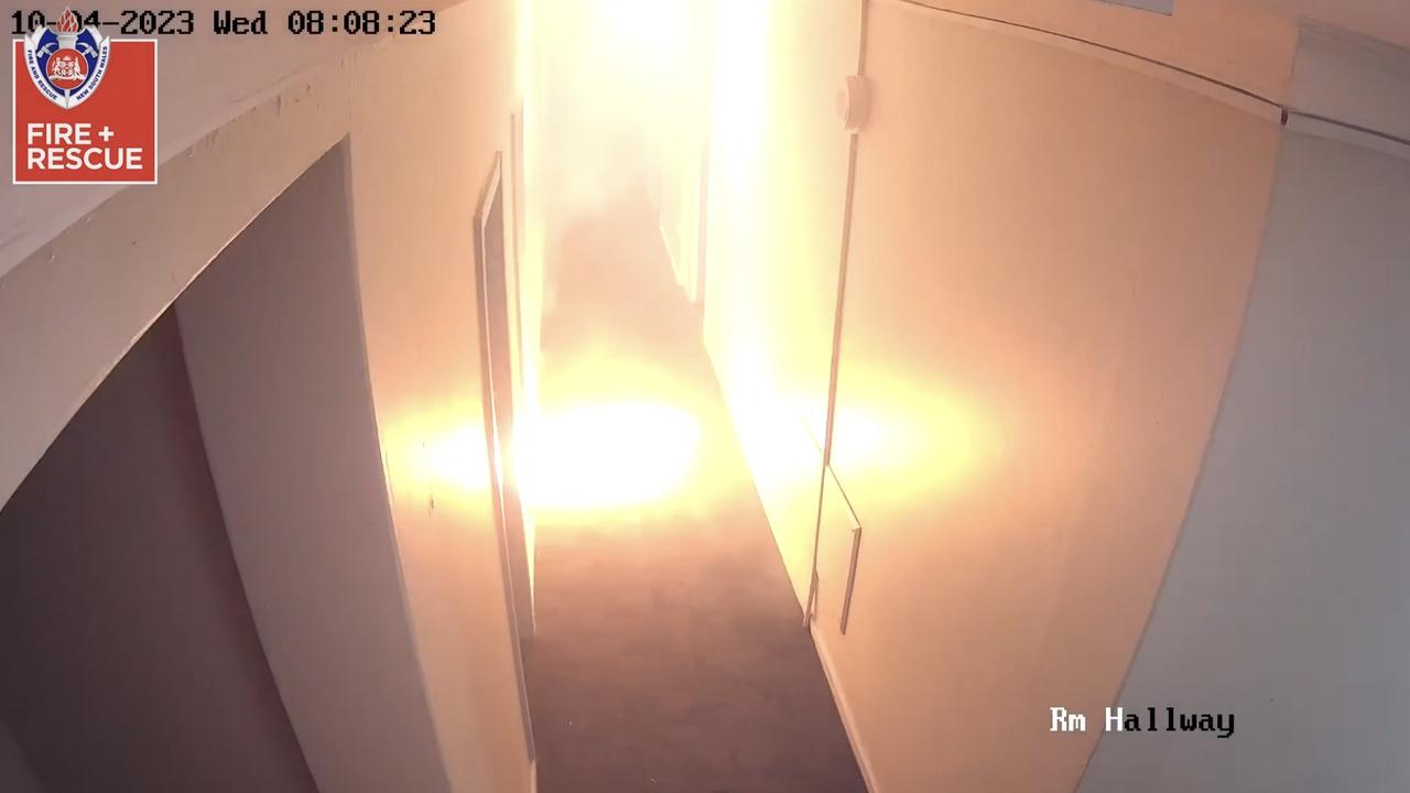 Extraordinary CCTV footage, that captured a lithium-ion battery exploding inside a hostel. Picture: RFS / Supplied