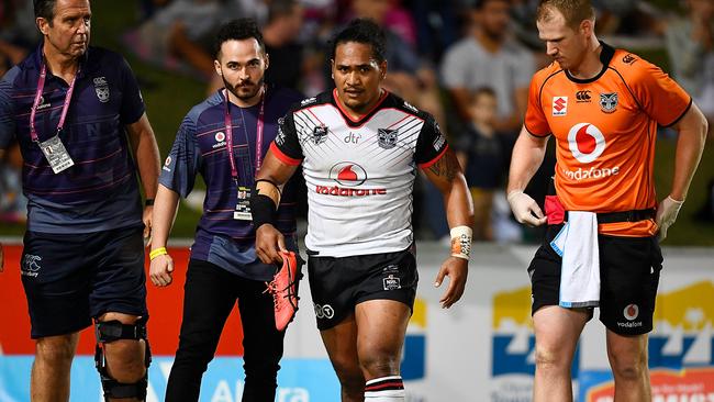 Solomone Kata leaves the field with a hamstring injury.