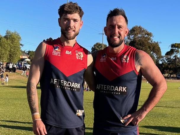 Chris Knapp (right) after he kicked 22 goals against Elizabeth this year. Picture: Supplied