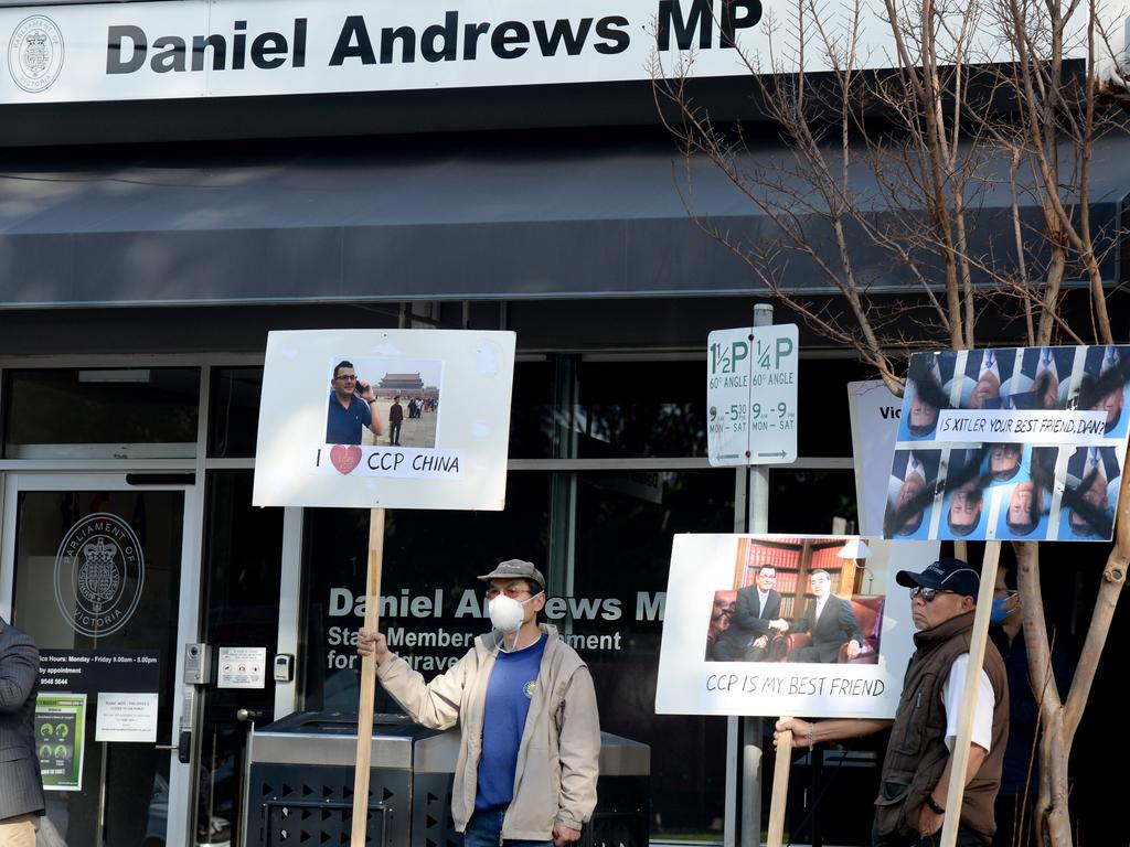 Protesters gather outside Daniel Andrews' electorate office to voice their concerns about Victoria's increased financial links with China. Picture: Andrew Henshaw