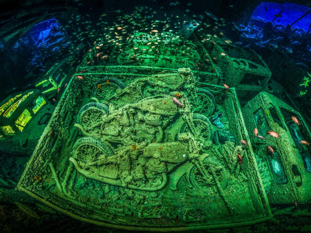 Underwater Photographer of the Year 2018. Category WINNER and Underwater Photographer of the Year. Tobias Friedrich (Germany) CYCLE-WAR shot in Egypt. “For a few years now I had had this image in mind as the motorcycles on this truck inside the Thistlegorm lie so perfectly together, but you can only barely capture it because the wall is very close and you can’t move backwards enough to capture the whole scenery. As a result I had to create a panoramic image of the same scene to capture the whole cargo deck, including some lights that give the image more depth”.