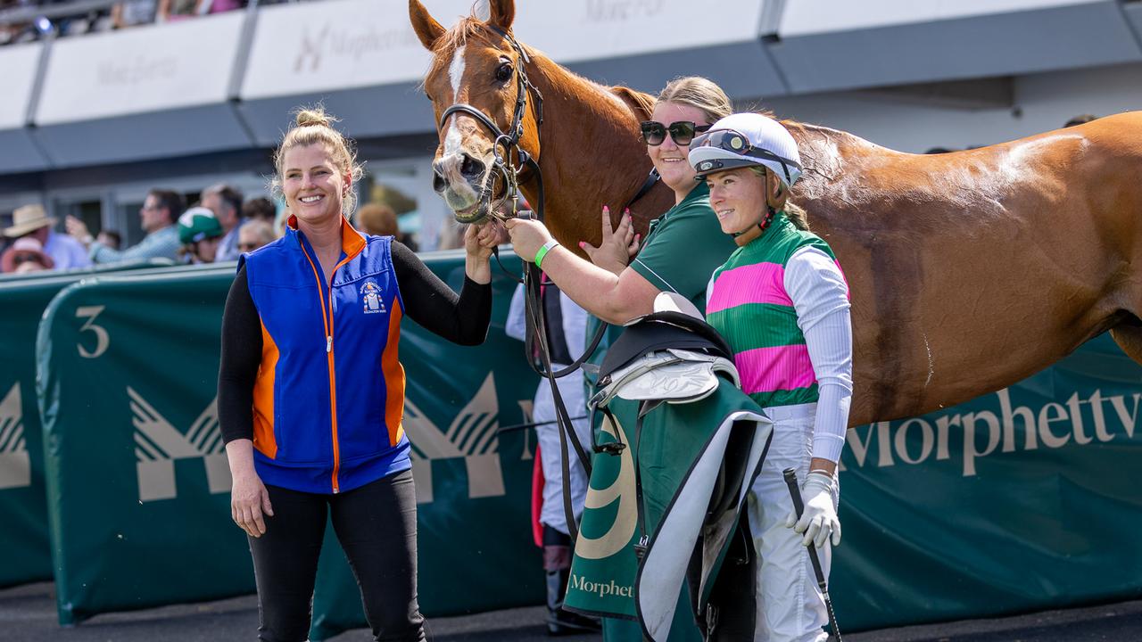 Sarah Rutten (left) poses with Obi after his win at Morphettville on Saturday. Picture: Makoto Kaneko