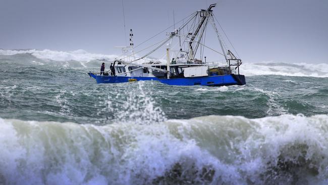Wild seas: A trawler battles mountainous seas at Mooloolaba. Picture: Megan Slade