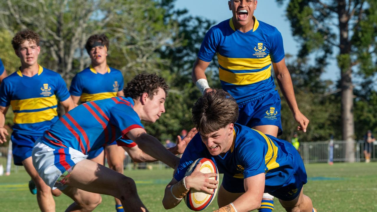 Adam Davis scores a try for TGS. 2024 OCallaghan Cup at Downlands College.Photo by Nev Madsen