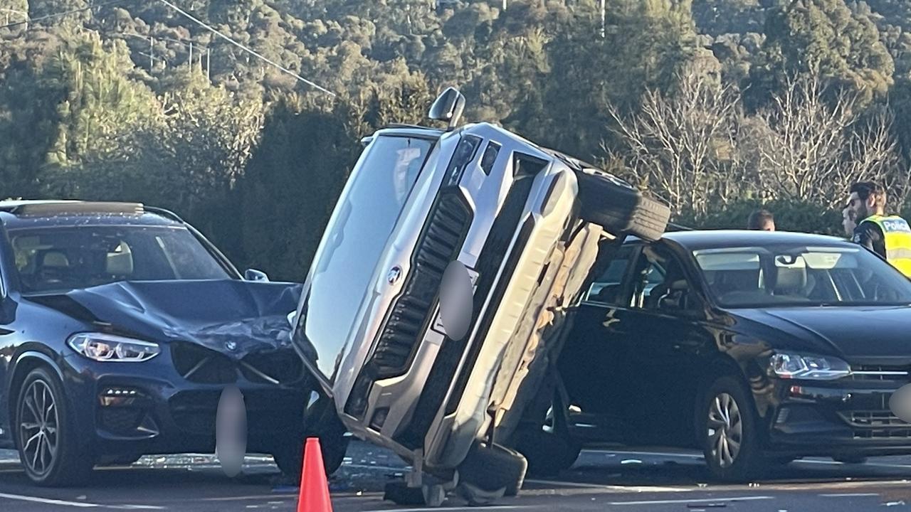 Three cars involved in a collision in Newtown on Tuesday August 8, 2023. Photo: Alan Barber.