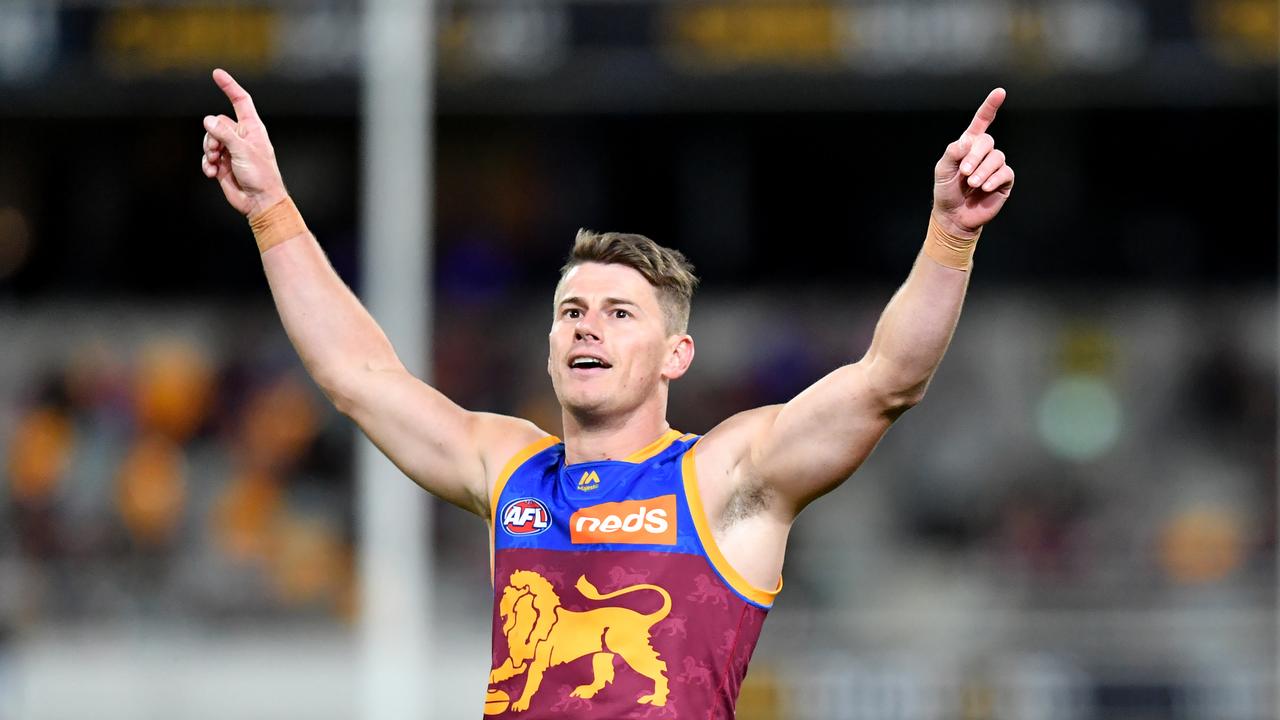 Dayne Zorko celebrates a goal on Saturday night.