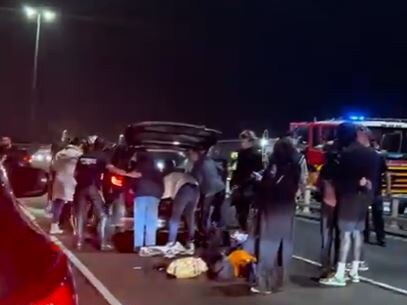 Traffic banks up on West Gate Freeway after the collision on Sunday night. Picture: Andrew Faram