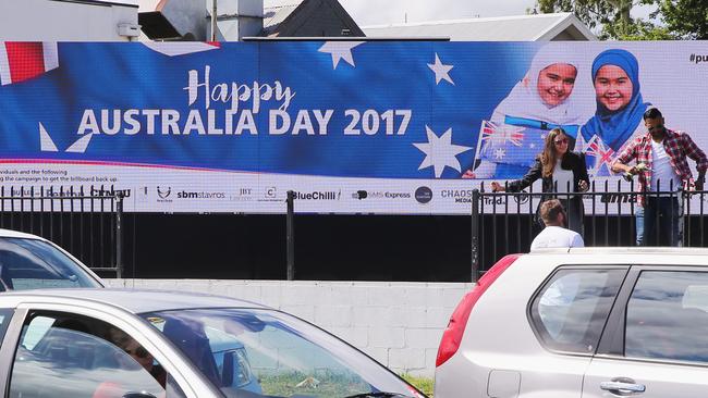 The billboard of two girls in hijabs celebrating Australia Day.