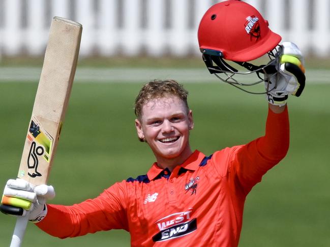 ADELAIDE, AUSTRALIA - OCTOBER 08:  Jake Fraser-McGurk of the Redbacks  celebrates bringing up his record breaking century during the Marsh One Day Cup match between South Australia and Tasmania at Karen Rolton Oval, on October 08, 2023, in Adelaide, Australia. (Photo by Mark Brake/Getty Images)