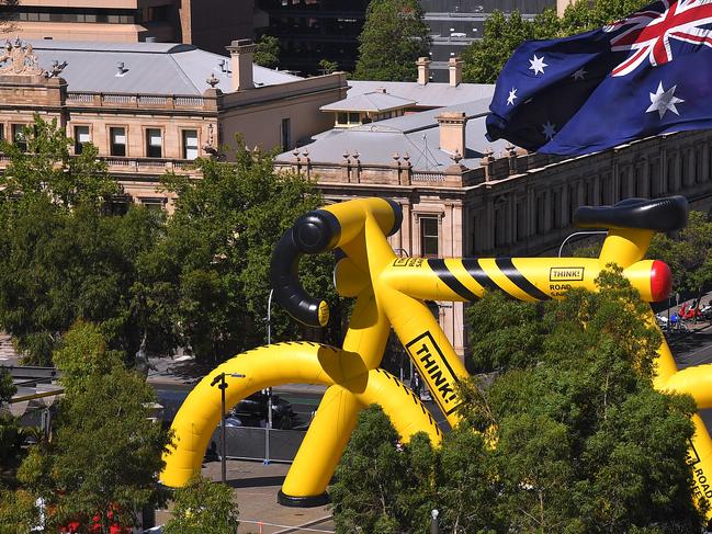 ADELAIDE, AUSTRALIA - JANUARY 18: Australian & Aboriginal Australian Flags / Fan zone / Fans / Public / Bike / Landscape / during the 22nd Santos Tour Down Under - Team Presentation / Adelaide City / Victoria Square / TDU / @tourdownunder / on January 18, 2020 in Adelaide, Australia. (Photo by Tim de Waele/Getty Images)