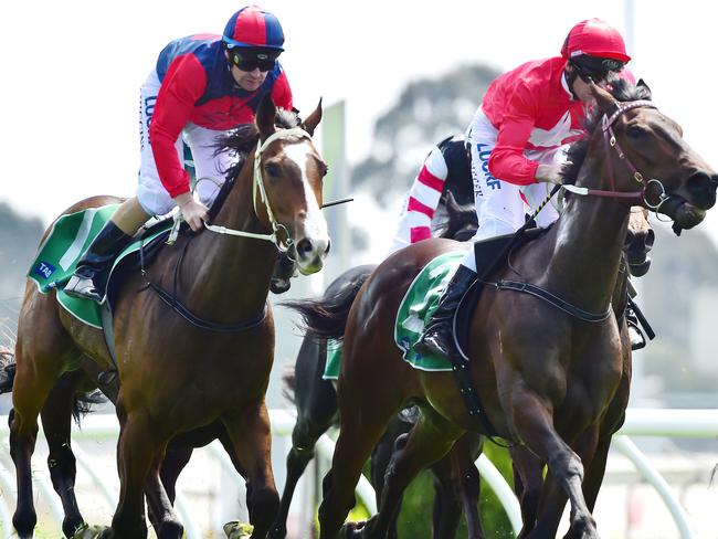 The Darren Weir-trained Kracken (right) takes out the Cranbourne Cup in October. Picture: Derrick den Hollander