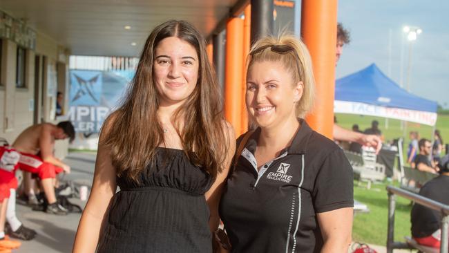 Arabella Cole and Katy Hansen (empire trailer hire)at Mackay Gridiron vs Townsville Cyclones at West Tiger Park Walkerston. Saturday 20 January 2024 Picture:Michaela Harlow