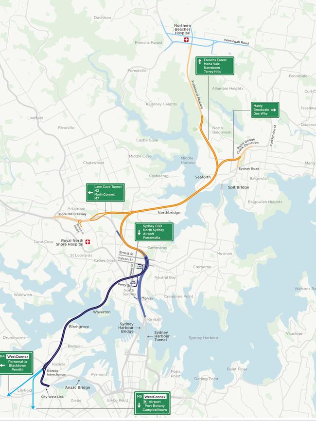 Map of the proposed routes of the Beaches Link tunnel and Western Harbour Tunnel. Source: RMS