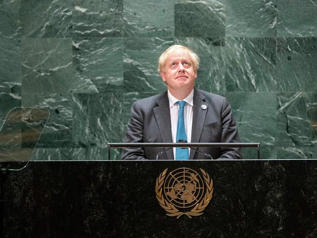 TOPSHOT - British Prime Minister Boris Johnson addresses the 76th session UN General Assembly on September 22, 2021, in New York. (Photo by EDUARDO MUNOZ / POOL / AFP)