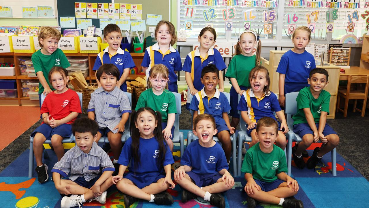 My First Year: Surfers Paradise State School Prep B. Back row: Ethan, Aaryan, Asher, Alara, Mia, Lainey. Middle row: Gypsy, Santiago, Macie, Eijaz, Frankie, Advik. Front row: Park Sun, Ria, Levi, Sammy. Picture Glenn Hampson