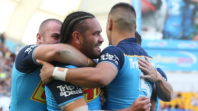 Konrad Hurrell celebrates a try for the Titans. Picture: Getty Images