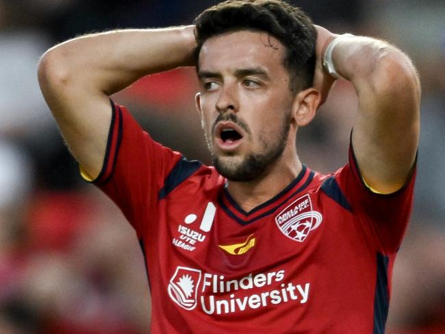 ADELAIDE, AUSTRALIA - FEBRUARY 24:  Zach Clough of Adelaide United  reacts to a missed shot at goal during the A-League Men round 18 match between Adelaide United and Western Sydney Wanderers at Coopers Stadium, on February 24, 2024, in Adelaide, Australia. (Photo by Mark Brake/Getty Images)