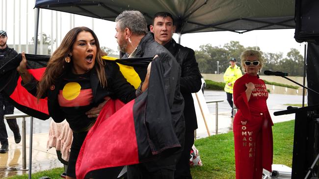 Independent Senator Lidia Thorpe is manhandled after attempting to disrupt British anti-transgender rights activist Kellie-Jay Keen-Minshull last month. Picture: AAP