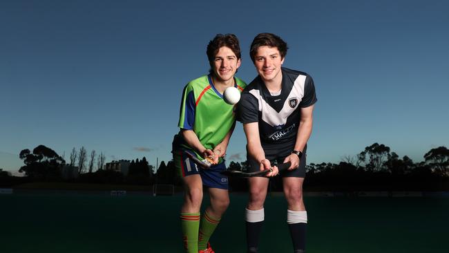 Mac Winch 16 who plays for OHA with brother Harry Winch 19 who plays for Derwent. The brothers will line up against each other for the men's grand final. Preview to the men's and women's hockey grand finals that both feature Derwent V OHA. Picture: Nikki Davis-Jones