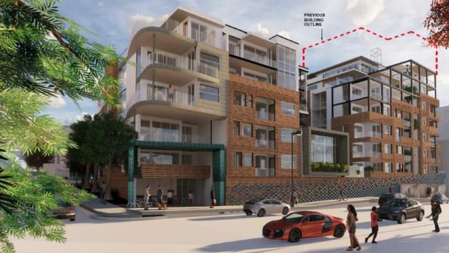 The Old Conservatory of Music at 5-7 Sandy Bay Road. Development Application (DA) artists impressions showing the reduction in height by approximately 6.2m, from 33.2m to approximately 27m. The red dotted line shows the previously proposed height. Design: IRENEINC PLANNING &amp; URBAN DESIGN