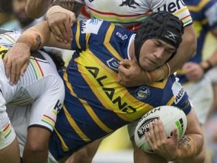 Tepai Moeroa of the Eels is tackled during the Round 1 NRL match between the Penrith Panthers and the Parramatta Eels at Panthers Stadium in Sydney, Sunday, March 17, 2019. (AAP Image/Craig Golding) NO ARCHIVING, EDITORIAL USE ONLY