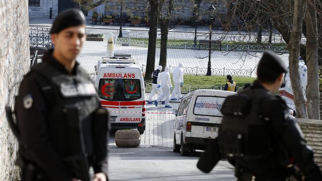 Policemen close off the Sultanahmet district after an explosion in Istanbul. Picture: AFP