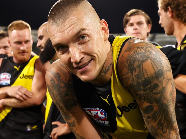 BRISBANE, AUSTRALIA - OCTOBER 24: Dustin Martin of the Tigers looks on during the 2020 Toyota AFL Grand Final match between the Richmond Tigers and the Geelong Cats at The Gabba on October 24, 2020 in Brisbane, Australia. (Photo by Michael Willson/AFL Photos via Getty Images)