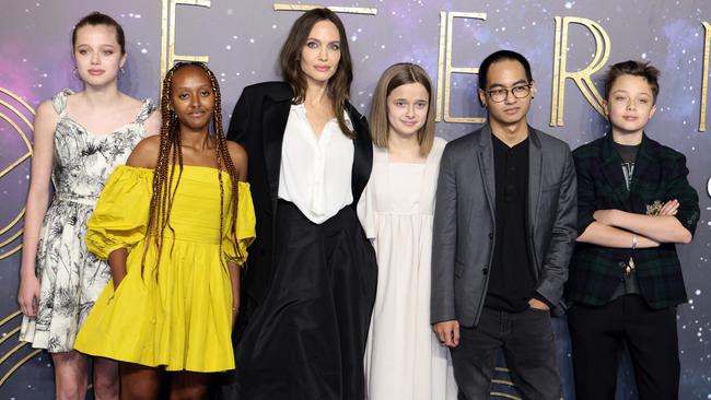 Jolie in London in 2021 for the British premiere of Eternals with children, from left, Shiloh, Zahara, Vivienne, Maddox and Knox. Picture: Getty Images