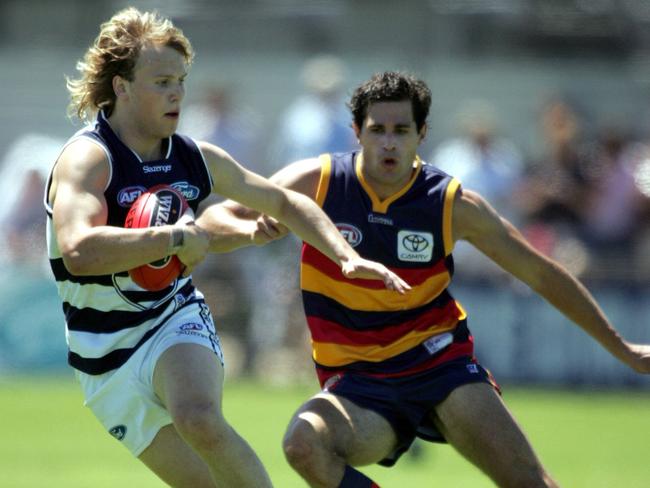 James Begley, pictured right chasing a young Gary Ablett Jr during a trial game, narrowly missed selection.