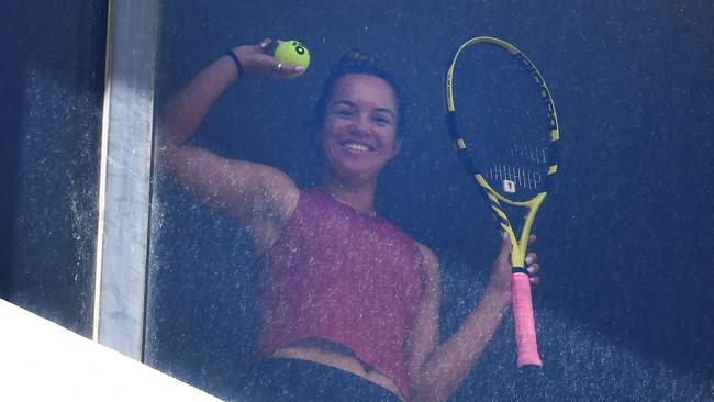 A tennis player looks out from hotel quarantine in Melbourne. Picture: AFP