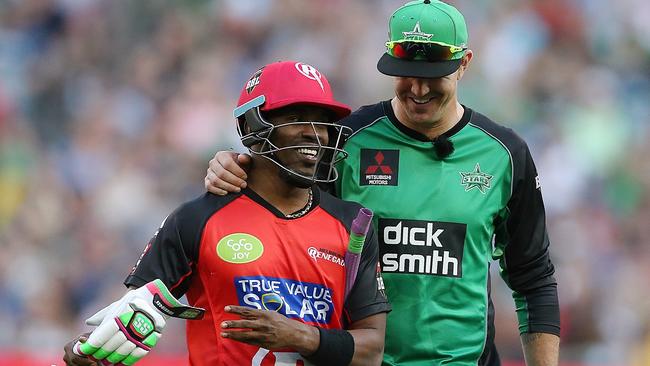 Dwayne Bravo with Kevin Pietersen during last season’s BBL. Picture: Wayne Ludbey