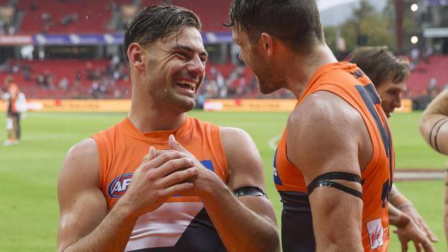 Stephen Coniglio has a bit of a laugh after the win over Essendon. Picture: AAP