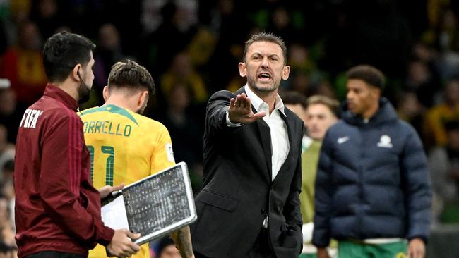 Australia’s head coach Tony Popovic (C) reacts during the 2026 World Cup Asian qualification football match between Australia and Saudi Arabia at the Melbourne Rectangular Stadium in Melbourne on November 14, 2024. Picture: WILLIAM WEST/AFP