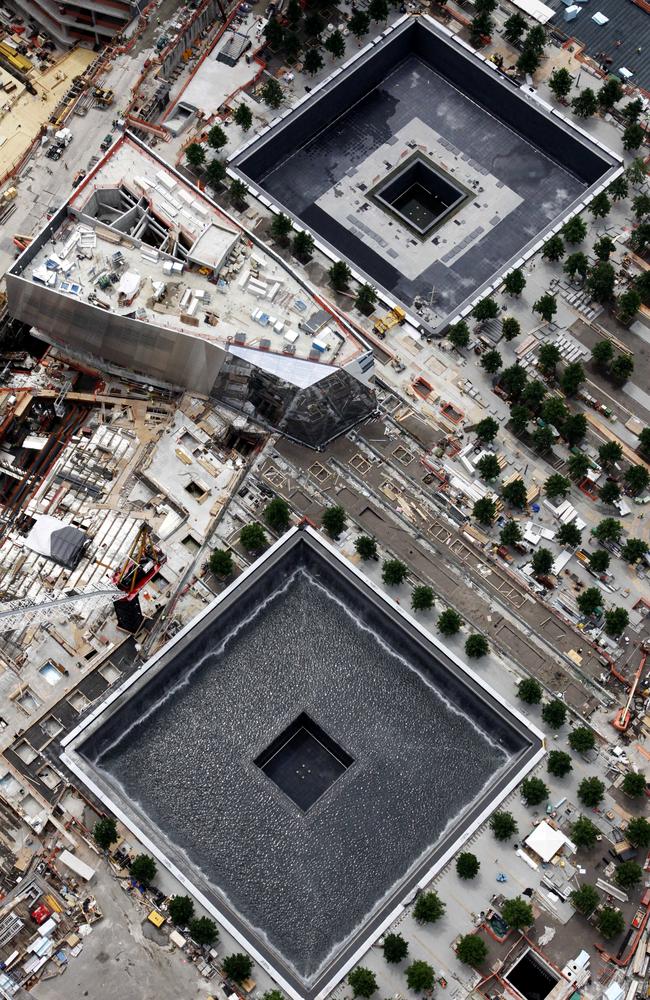 The memorial pools of the National September 11 Memorial and Museum are seen in this overhead view. Picture: Mark Lennihan)