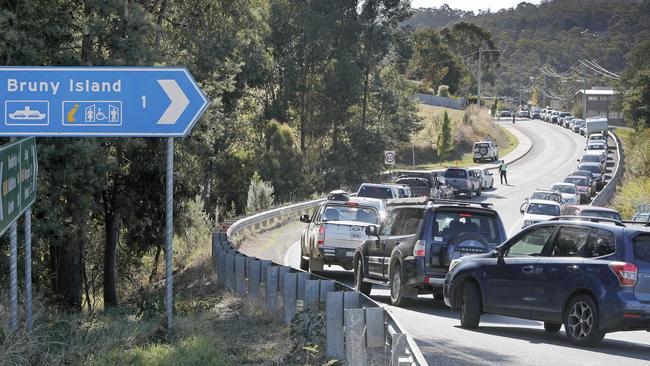 Cars queue for the Bruny Island Ferry on the Easter long weekend. Picture: PATRICK GEE