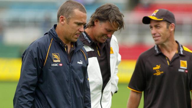 Hawthorn assistants David Rath and Todd Viney with coach Alastair Clarkson in 2005.