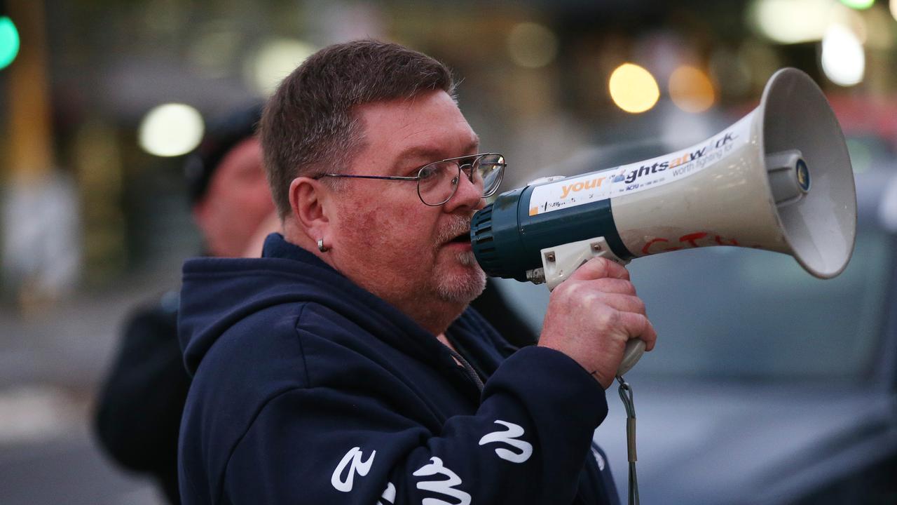 Trades Hall secretary and treasurer Tony Anderson addresses the crowd at the “You’re Welcome Here” rally. Picture: Alan Barber