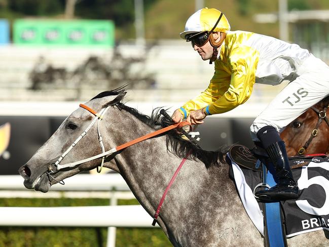 SYDNEY, AUSTRALIA - APRIL 05: Tyler Schiller riding Briasa win Race 7 Asahi Super Dry T J Smith Stakes during 