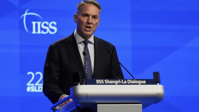 Richard Marles, Deputy Prime Minister and Minister for Defence, Australia, delivers his speech during 22nd Shangri-La Dialogue summit in Singapore, Saturday, May 31, 2025. (AP Photo/Anupam Nath)